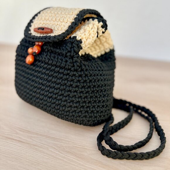 Handmade Handbags - NEW Handmade Crochet Thermal Stitch Black & Cream Mini Backpack Purse Beaded